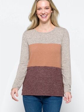 Pink Clover Colorblock Long Sleeve Tee in Grey, Tan and Mauve